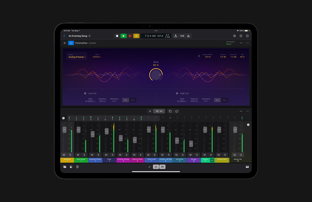 Interface de usuário do ChromaGlow no Logic Pro para iPad.