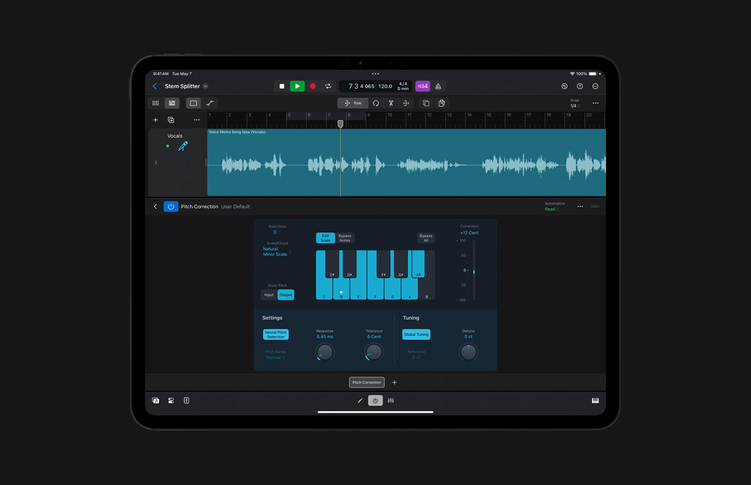 Interface de usuário do Pitch Correction no Logic Pro para iPad.