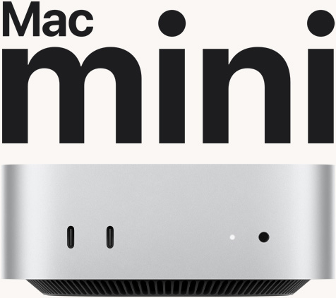 Vooraanzicht van zilverkleurige Mac mini met de poorten aan de voorkant en het statuslampje.