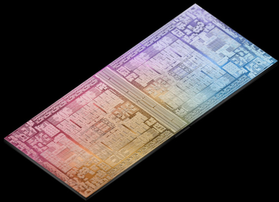 Schematická ilustrace čipu M2 Max propojeného s jiným čipem M2 Max