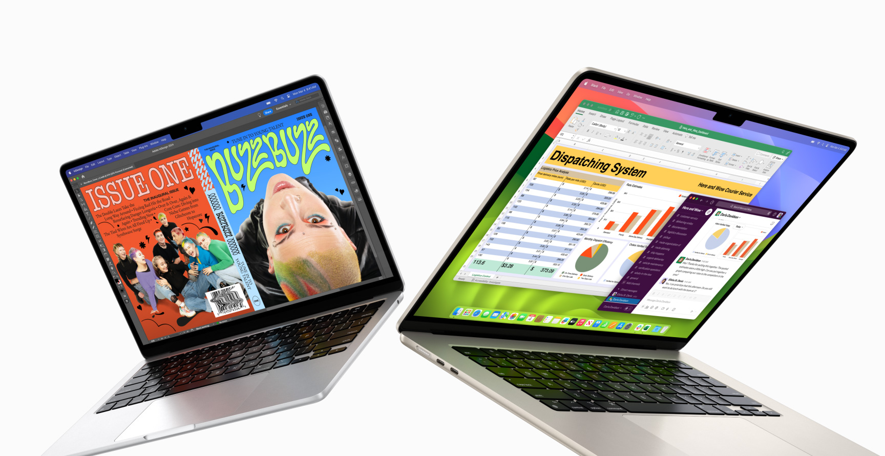 Partially open 13-inch MacBook Air on left and 15-inch MacBook Air on right. 13-inch screen shows colourful magazine cover created with In Design. 15-inch screen shows Microsoft Excel and Slack.