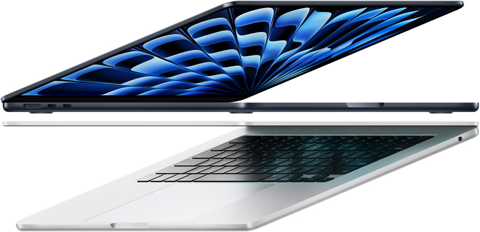 Imagen lateral de dos MacBook Air con chip M3, uno color medianoche y el otro color plata