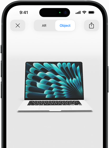 Preview of MacBook Air in Silver colour being viewed in AR experience on iPhone