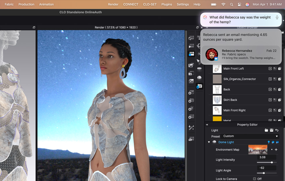 ユーザーがCLO 3Dファッションデザインアプリで衣装の作成作業を行っている。Siriがサステナブルなヘンプ素材の種類についての質問に対するChatGPTの回答を表示している