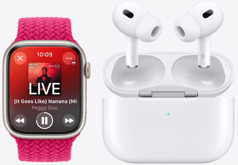 Apple Watch Series 9 memutar lagu di samping AirPods Pro.
