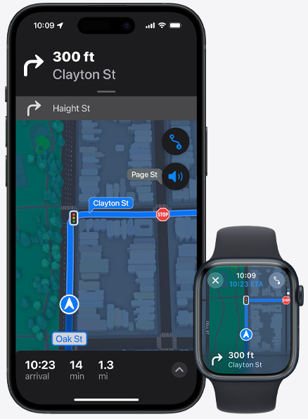 Wskazówki „krok po kroku” wyświetlane jednocześnie na iPhonie 15 Pro i na Apple Watch Series 9.