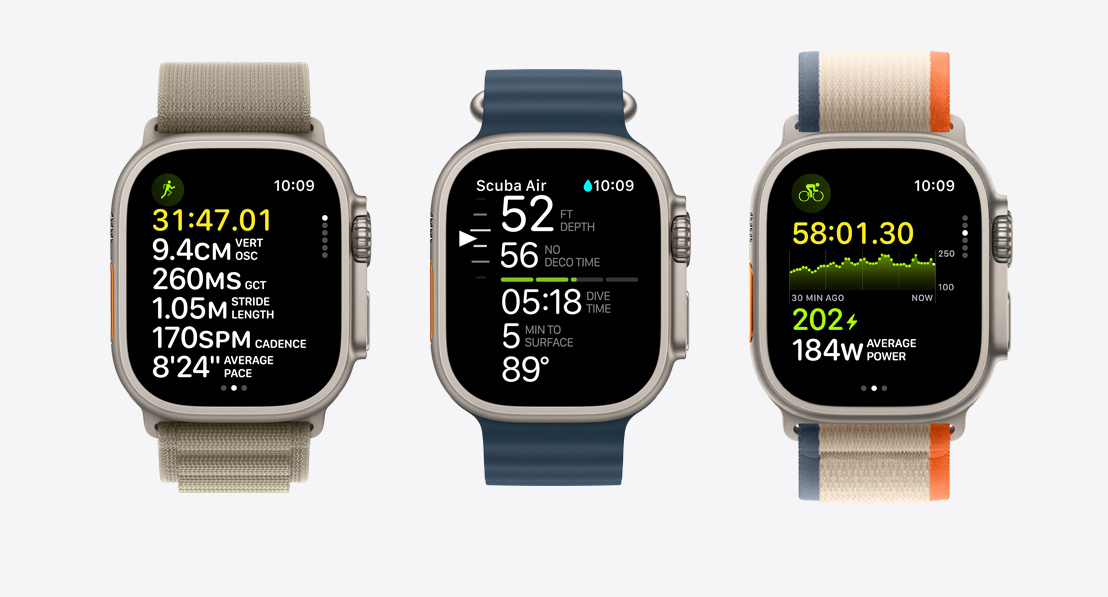 Tri Apple Watcha Ultra 2. Prvi prikazuje trening trčanja. Drugi prikazuje ronjenje s bocama u aplikaciji Oceanic+. Treći prikazuje trening bicikliranja.