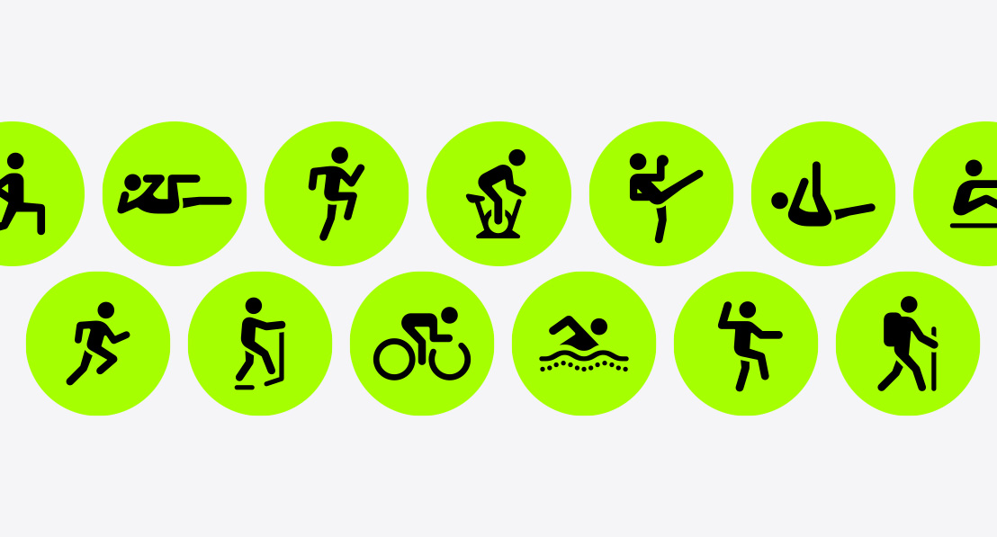 Значки додатка «Тренування» для функціонально-силового тренування, силового тренування, ВІІТ, велотренажера, кікбоксингу, пілатесу, веслування, бігу, еліптичного тренажера, велотренажера, плавання, тай-цзи та піших прогулянок.