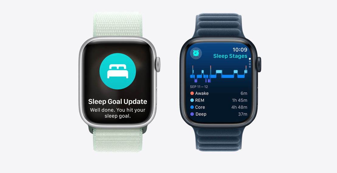 Dva Apple Watcha Series 9. Prvi prikazuje obavijest da je osoba ostvarila svoj cilj spavanja. Drugi prikazuje podatke o fazama sna.