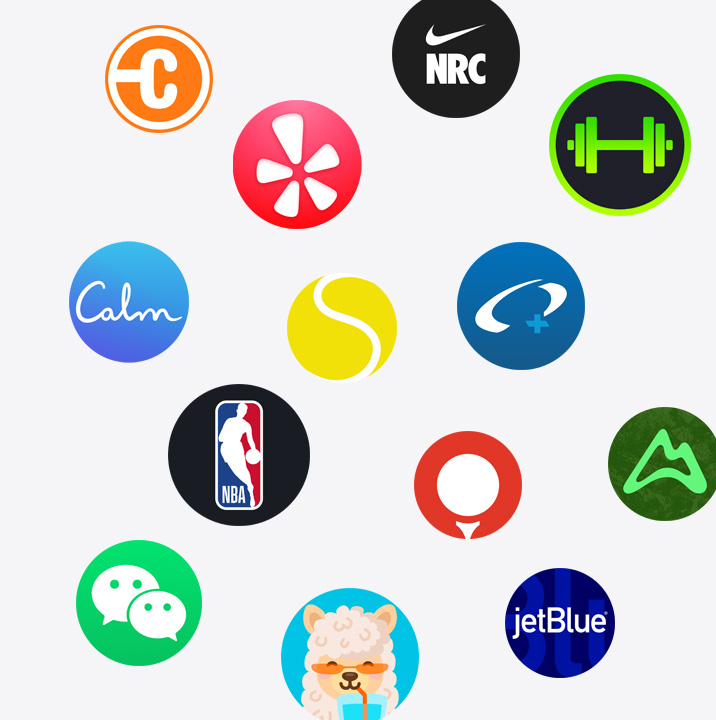 Значки додатків для Apple Watch з App Store. ChargePoint, Yelp, Nike Run Club, SmartGym, Calm, NBA, SwingVision, Oceanic+, WeChat, Waterllama, Golfshot, JetBlue та AllTrails.