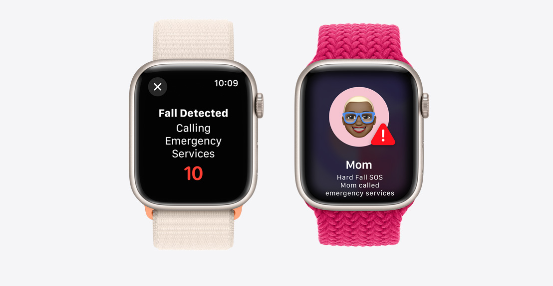 Dva Apple Watcha Series 9. Prvi prikazuje zaslon na kojemu je detektiran pad te je u tijeku pozivanje hitnih službi. Drugi pokazuje da je „Mama” doživjela težak pad i da su pozvane hitne službe.