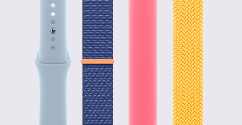 Différents bracelets pour Apple Watch disposés côte à côte à la verticale.