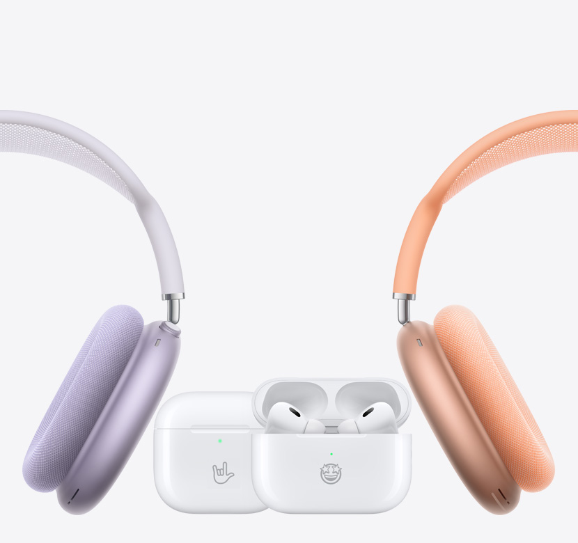 AirPods Max auf der linken und rechten Seite mit AirPods 4 und AirPods Pro 2 in der Mitte.