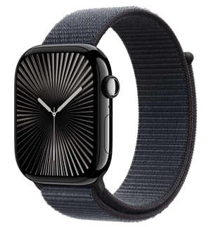 Apple Watch Series 10 avec un boîtier en aluminium noir de jais et un bracelet Boucle Sport encre violette.