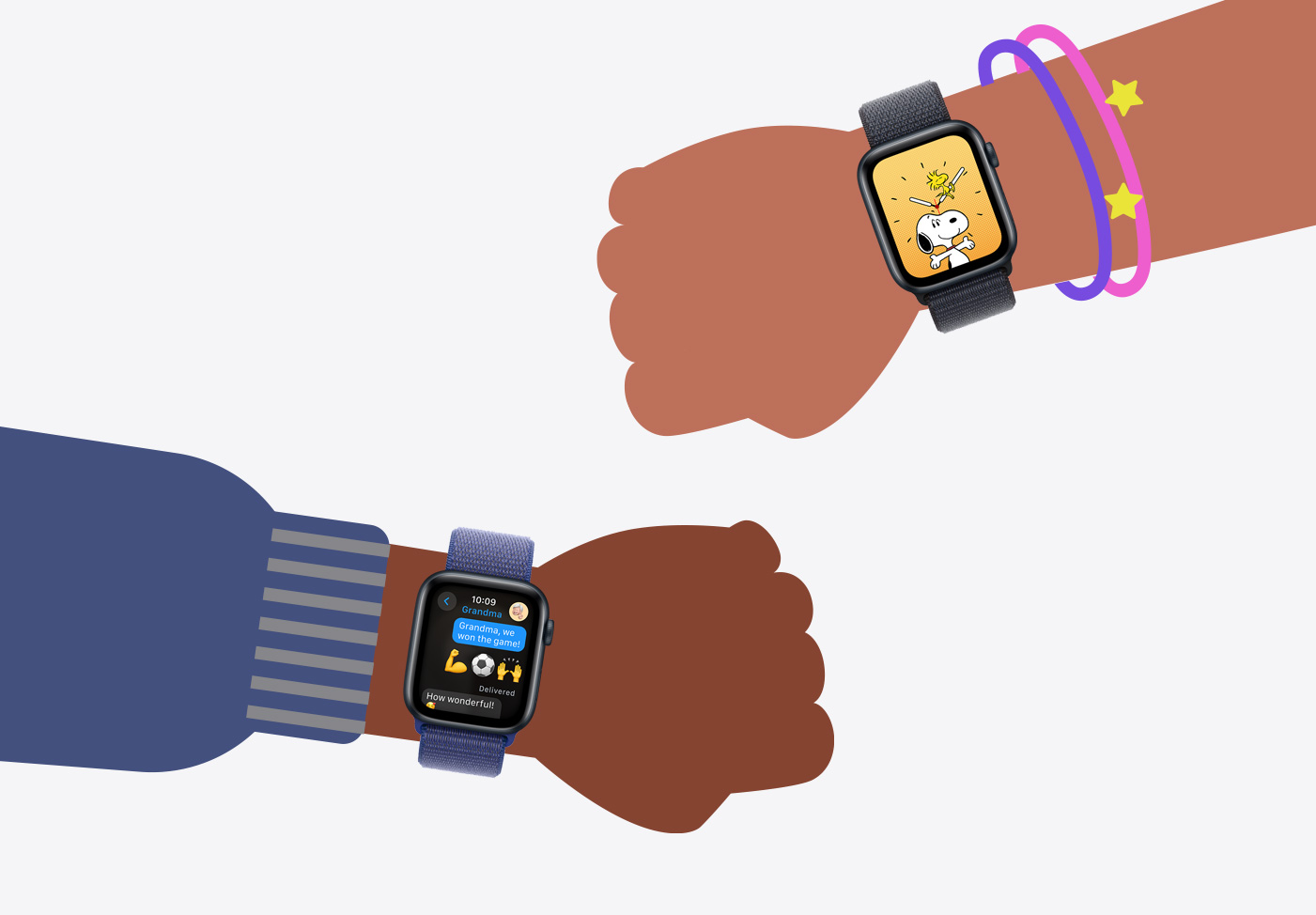 Illustration zweier Handgelenke von Kindern mit der Apple Watch SE.