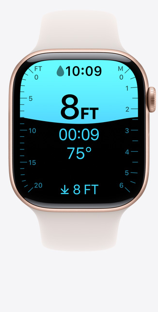 Front view of a Depth app screen on Apple Watch Series 10 showing a dive to 9 feet.