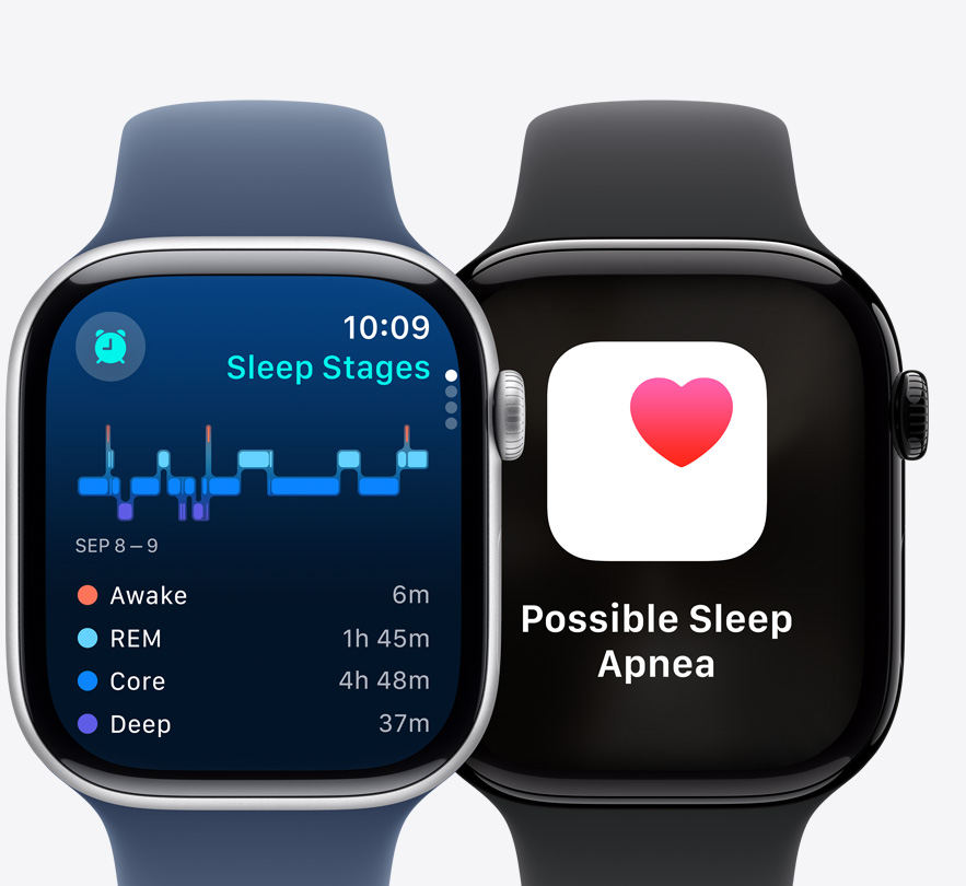 Vue de face de deux Apple Watch Series 10 affichant un écran Phases du sommeil et une notification Mise à jour de l’objectif de sommeil.