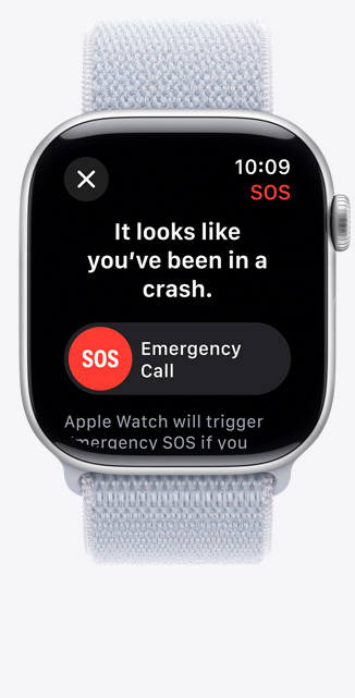 Vue de face d’une Apple Watch Series 10 affichant une notification Détection des chutes.