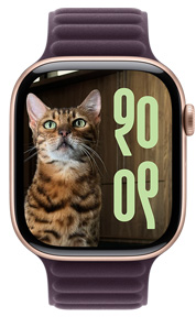 Bilder-urskiven med bilde av en katt og tilpasset skript og størrelse på klokkeslett på Apple Watch