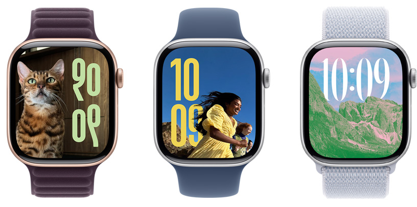 Tres carátulas con fotos en la pantalla del Apple Watch muestran diferentes imágenes, tamaños de hora y tipos de escritura