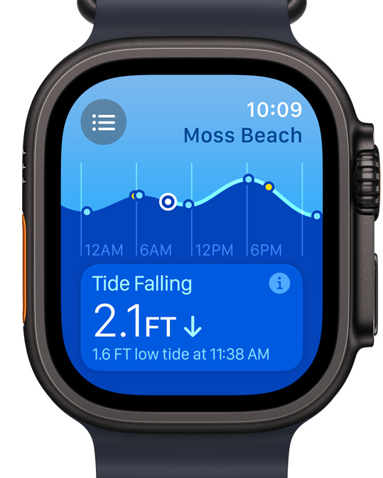 Pantalla de un Apple Watch Ultra que muestra la nueva app Mareas.