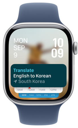 Un Apple Watch muestra el widget de la app Traducir en Pila Inteligente