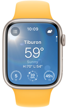 Egy Apple Watch kijelzőjén az Időjárás app látható
