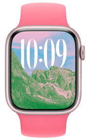 Photo Face of scenery with custom time size and language script on Apple Watch hardware.