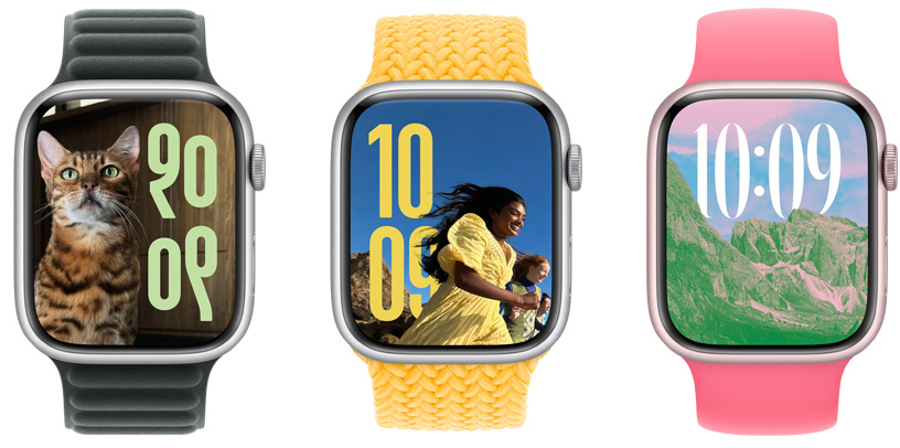 Three photo faces on Apple Watch hardware display varying imagery, time size, and language script