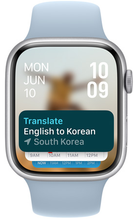 스마트 스택에 번역 앱 위젯이 표시된 Apple Watch 화면