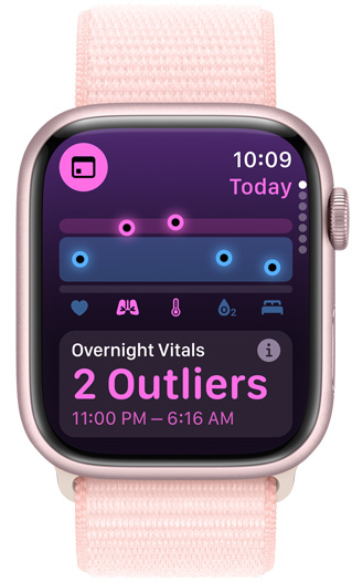 Apple Watch screen displaying Overnight Vitals with 2 outliers