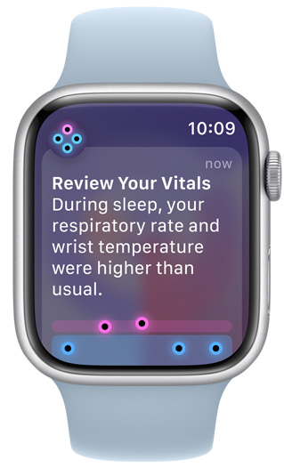 “Review Your Vitals”를 표시 및 경고하는 Apple Watch 화면