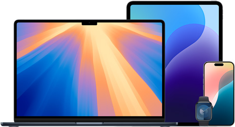 MacBook, iPad, iPhone a Apple Watch uspořádané vedle sebe