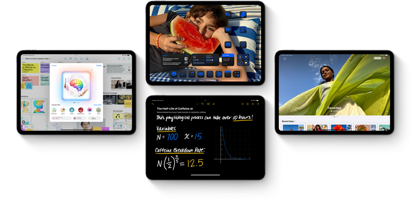 Multiple iPad devices shown with new iPadOS 18 features