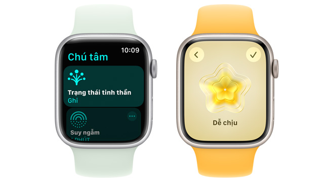 Hình ảnh mặt trước của Apple Watch với một hình ảnh có thể bấm để xác nhận và ghi lại cảm xúc của bạn.