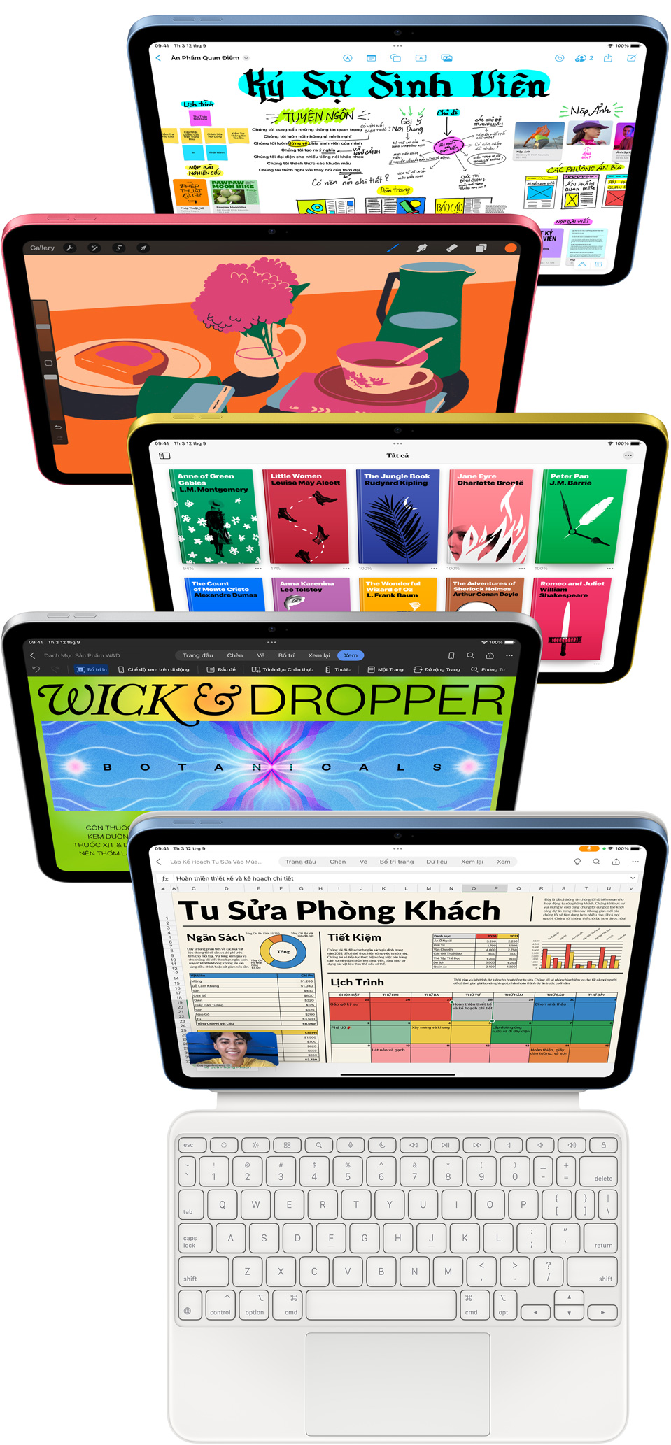 Mặt trước màn hình iPad hiển thị nhiều ứng dụng Apple và ứng dụng trên App Store