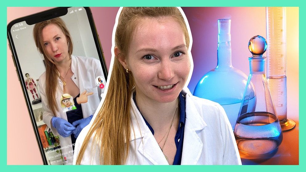 Amelie, Doktorandin der Biologie an der Uni Würzburg und als „diewissenschaftlerin“ auf den Social Media-Kanälen TikTok und Instagram in Wissenschaftskommunikation unterwegs  | Bild: Collage: BR und Teilhintergrund (Gefäße) Colourbox