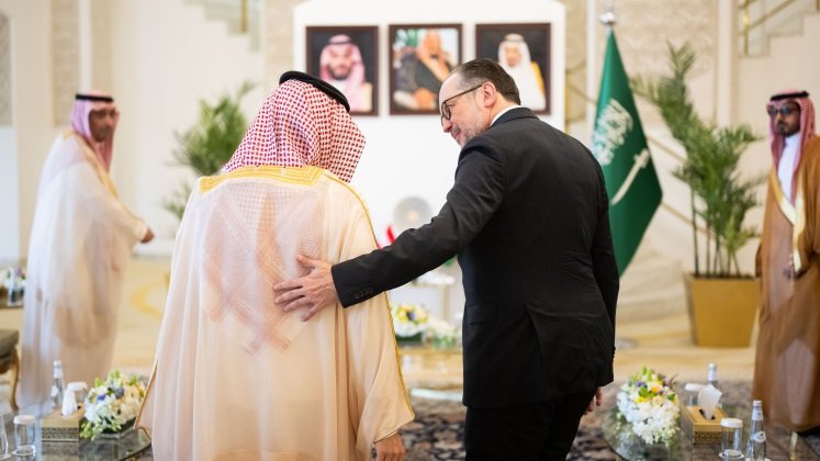 Außenminister Schallenberg und der saudische Amtskollege Prinz Faisal bin Farhan stehen mit dem Rücken zur Kamera. Außenminister Schallenberg ist zu seinem Amtskollegen gewandt und hat seine Hand auf dessen Rücken gelegt.