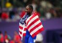 USA’s Noah Lyles celebrates winning the men’s 100m final at the Stade de France (Mike Egerton/PA).