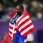 USA’s Noah Lyles celebrates winning the men’s 100m final at the Stade de France (Mike Egerton/PA).