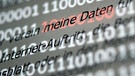 Der Abschnitt "meine Daten" einer Musterdatenschutzerklärung wird von roten Einsen und Nullen hervorgehoben, die auf einem Bildschirm hinter dem Papier zu sehen sind. | Bild: dpa-Bildfunk/Sebastian Gollnow