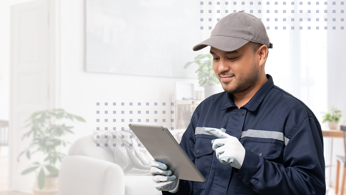 Technician workers in uniform maintenance service with tablet