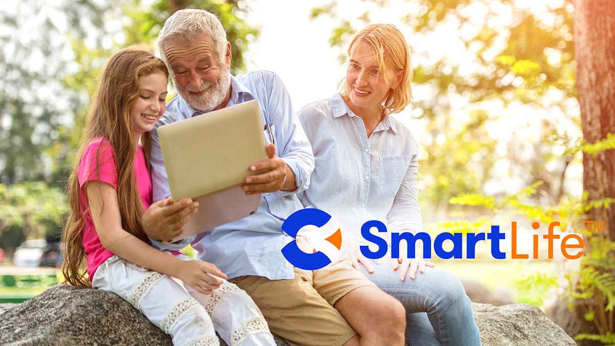 Calix SmartLife logo over family with device in park