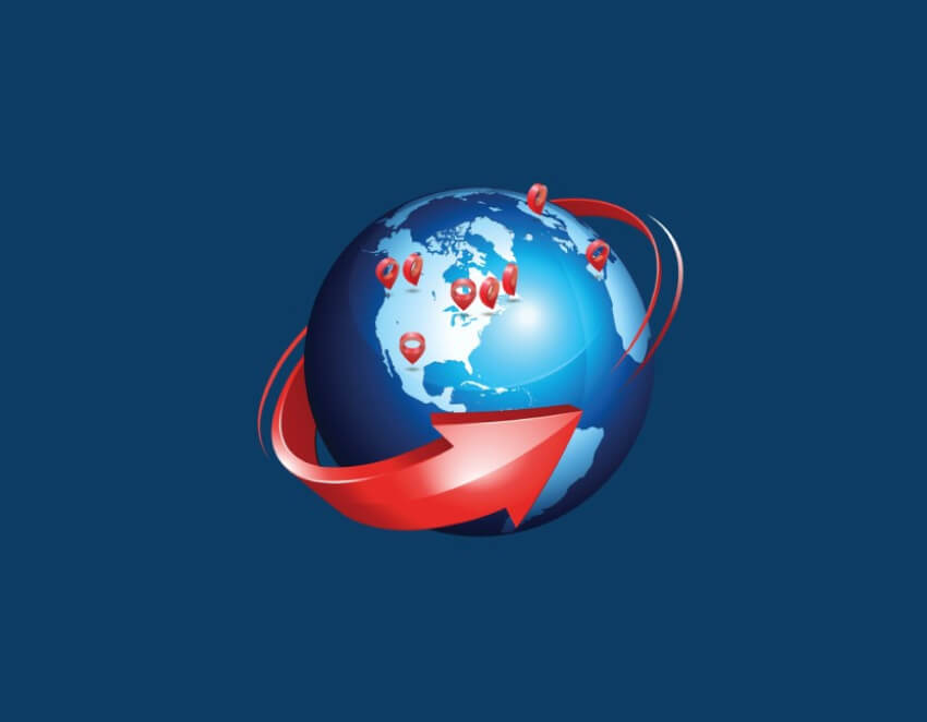 A red arrow wraps around the globe. Several red pins mark locations on the globe, illustrating the speed and global range of MoneyGram.