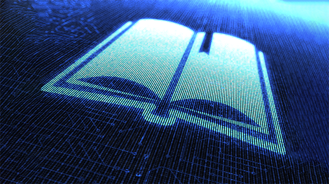 Electronic open book on a digital blue field