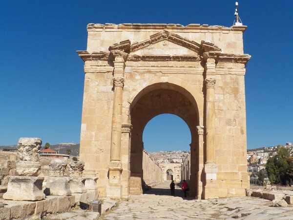 The Northern Tetrapylon in ancient Jerash was built around A.D. 180 and dedicated to Julia Domna, the second wife of Roman Emperor Septimius Severus, who reigned from A.D. 193-211.  A tetrapylon is a type of ancient monument, cubic-shaped, with a gate on each of its four sides, and built at a significant crossroad or geographical focal point.