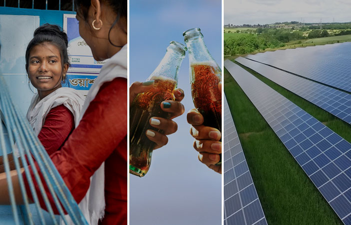 Três imagens lado a lado incluindo duas mulheres lavando as mões enquanto sorriem, um brinde com garrafas de Coca-Cola e uma vista área de uma campo com painéis solares