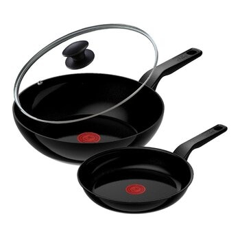 Tefal 法國特福 綠生活陶瓷不沾系列鍋具三件組 曜石黑 24公分平底鍋 + 28公分炒鍋含蓋