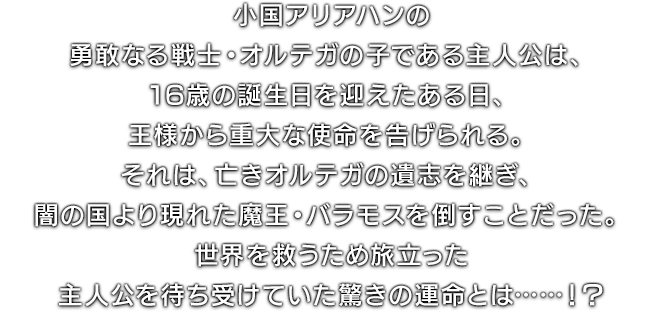 小国アリアハンの勇敢なる戦士・オルテガの子である主人公は、16歳の誕生日を迎えたある日、王様から重大な使命を告げられる。それは、亡きオルテガの遺志を継ぎ、闇の国より現れた魔王・バラモスを倒すことだった。世界を救うため旅立った主人公を待ち受けていた驚きの運命とは……！？