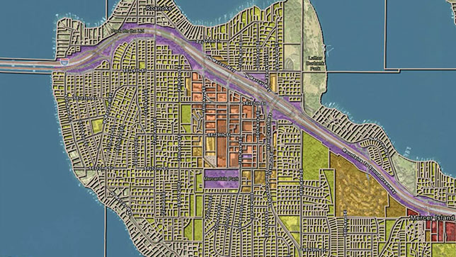 An aerial view of a city. The image shows a detailed map of the city, with streets, buildings, and other features clearly marked.